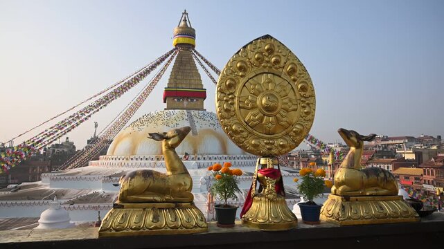 Nepal Boudhanath Stupa Golden Deer Statue Slow Motion Stabilizer L Buddhist Temple World Heritage Site Kathmandu Valley