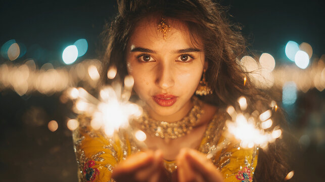 girl playing with sparklers celebrating diwali