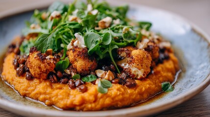 Fototapeta premium Vibrant editorial food scene featuring roasted cauliflower atop creamy sweet potato puree, garnished with fresh greens and nuts, showcasing modern culinary artistry and healthy eating