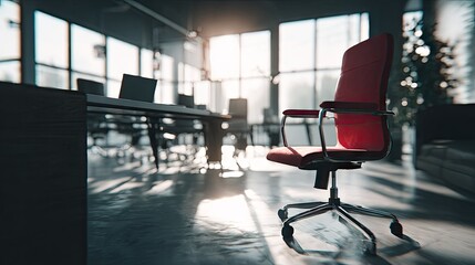 Modern office interior with red chair and sunlight through windows