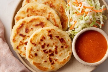 Overhead flat lay of cheese pupusas with curtido and tomato sauce on beige backdrop
