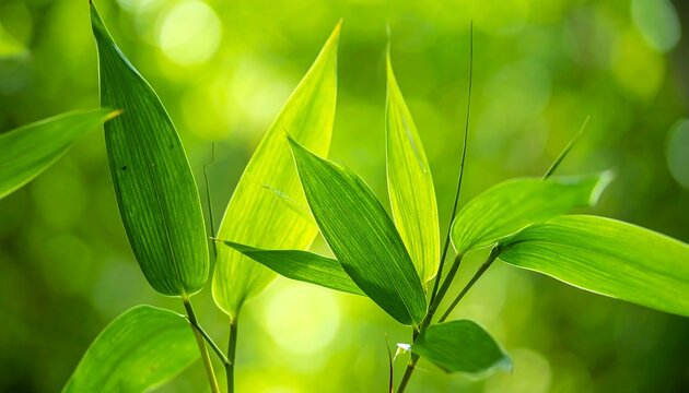 Bright green bamboo leaves backlit with dappled sunlight, creating a bokeh effect in the background