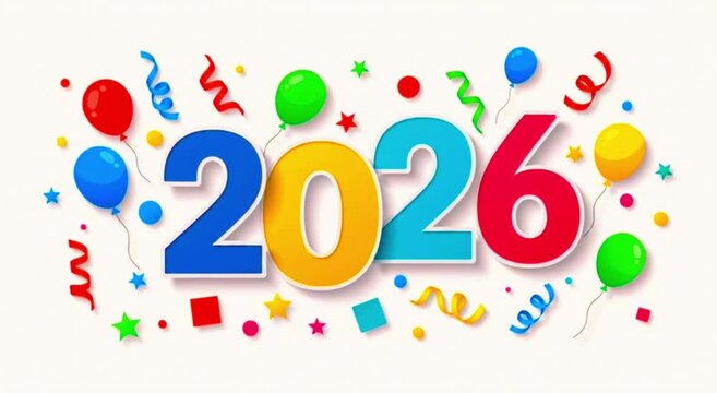 2026 New Year Celebration with Colorful Balloons and Confetti on White Background