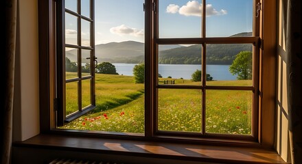 Lake view from rustic window.
