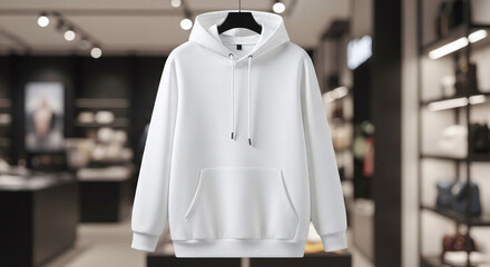 White hoodie hanging in a clothing store, blurred background