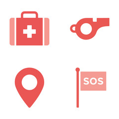 Red emergency and survival icons: first aid kit, whistle, location pin, and an SOS flag.