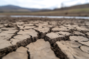 Obraz premium Dry Cracked Earth: A stark image of drought conditions, showcasing arid landscape and the impact of climate change on land. Desiccated soil, barren terrain.
