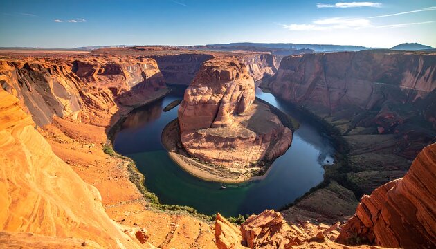 Grand scenic overlook of a desert canyon with a river creating a u-shaped bend - Powered by Adobe