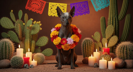 A Mexican Hairless Dog Wearing a Floral Wreath During Day of the Dead Celebrations Surrounded by Cacti and Candles