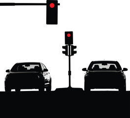 Two cars stopped at a red traffic light isolated on white background, waiting for the light to turn green before proceeding forward