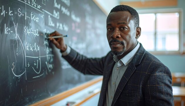 A focused Black man in a blazer writes on a chalkboard, looking directly at the viewer.