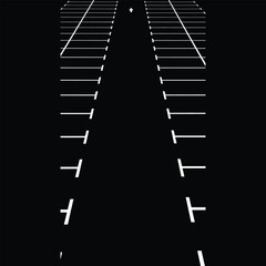 Abstract perspective view of a road with white lines receding into the distance on a black background, creating a sense of depth