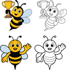 Cute cartoon bee holding a golden trophy and another bee waving hello in colorful and outline coloring page styles