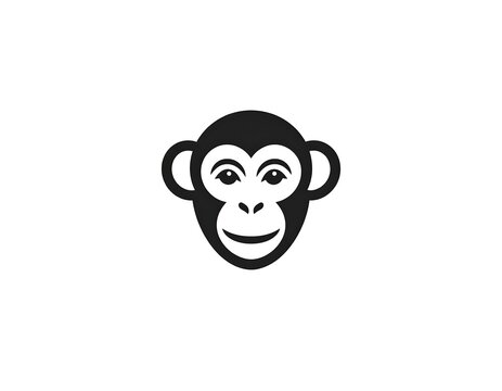 Simple black and white graphic featuring a cheerful monkey head, centrally placed on a white background