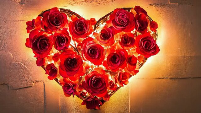 Glowing heart of roses with subtle light changes on rustic wall