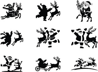 Collection of nine festive christmas silhouette designs featuring santa claus and reindeer in various joyful poses and activities silhouette