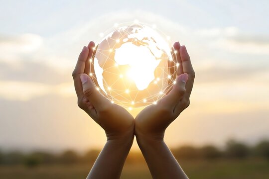 Hands holding a glowing earth globe with network connection at sunset - Powered by Adobe