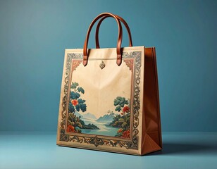 Elegant tote bag with traditional landscape art and leather handles on a blue background