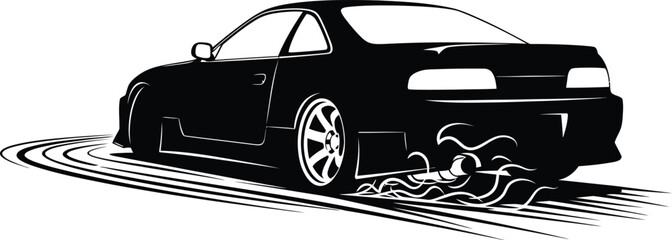 A sleek black sports car drifts, leaving trails of smoke and tire marks, showcasing speed and precision isolated on white background