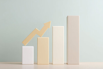 Golden upward arrow over 3D chart on pastel green background. Concept of positive growth, analytics, finance, and steady business performance in modern style.