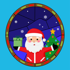 Santa Claus stained glass flat vector, festive or Christmas graphic element