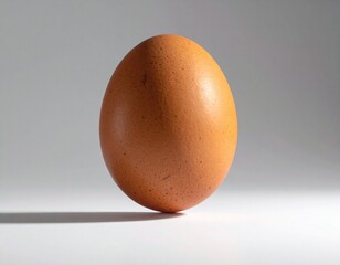 A single brown egg stands upright on a white surface with dramatic lighting and shadow.