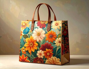 Vibrant floral tote bag with leather handles, perfect for shopping or everyday use.