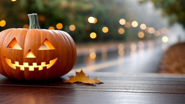 Brightly lit pumpkins with cheerful faces sit on a wooden table, surrounded by fallen leaves and gentle autumn breezes