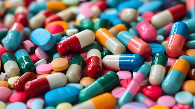A colorful assortment of pills and capsules, representing medicine, healthcare, and pharmaceutical industry concepts