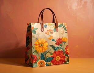 Vibrant floral patterned tote bag with leather handles, perfect for stylish shopping or everyday use.