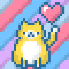 Pixel Art Cute Yellow Cat with Heart Balloon Retro 8-Bit Love Illustration