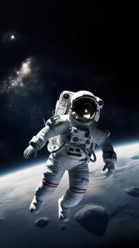 Astronaut floating in space, captured from a low-angle view. The video concept emphasizes exploration and the vastness of the universe. Live mobile wallpaper.