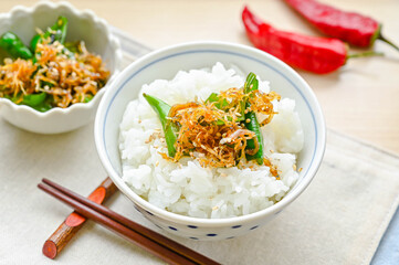唐辛子としらす炒めをのせたご飯