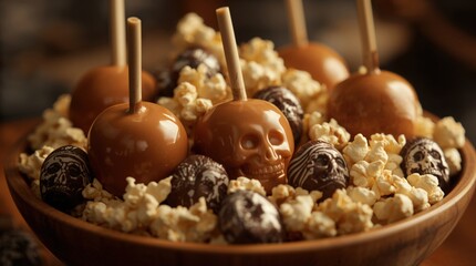 Halloween caramel apples with skull chocolate treats in a wooden bowl surrounded by popcorn