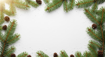 pine branches and pinecones framed on a white winter background