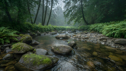 Brook Flowing Through a Misty Forest Featuring Rocks and Lush Ferns for a Tranquil Atmosphere - nature scene