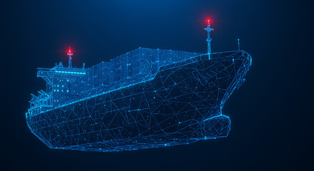 Blue wireframe container ship with red lights digital