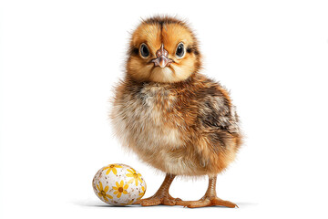 Fototapeta premium Cute fluffy chick next to a decorated Easter egg