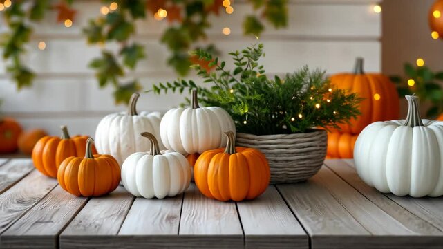Colorful pumpkins and fresh greenery create a lovely autumn display on a rustic wooden table decorated with twinkling lights