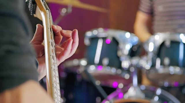 Close-up of guitarist's hand on electric guitar neck with blurred drummer in background. Dynamic atmosphere of music studio. Slow motion