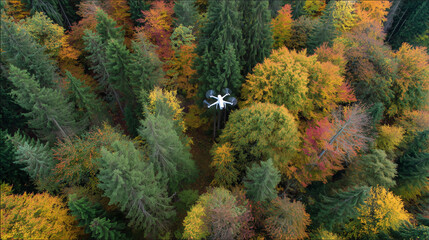 Drone flying above vibrant autumn forest, capturing colorful trees and fall foliage from an aerial perspective
