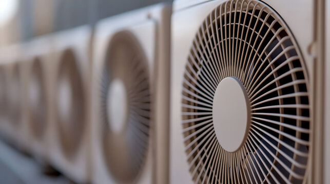 Row of outdoor heat pump units. Close-up shot showcasing fan details, installed for commercial temperature control for cooling and heating systems.