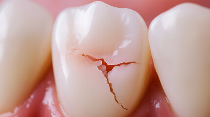 Obraz premium Cracked tooth: A molar with a large crack extending from the surface. Dental care is essential for maintaining tooth health and avoiding further damage.
