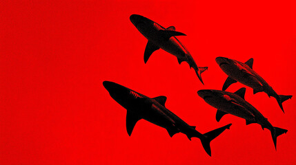 Black shark silhouettes swimming in a vibrant red underwater scene, symbolizing danger, threat, and primal fear