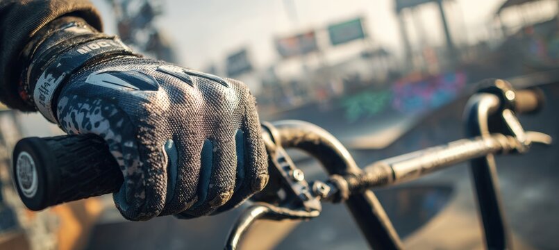 Close-Up of BMX Rider's Hand Gripping Handlebars in Urban Skatepark