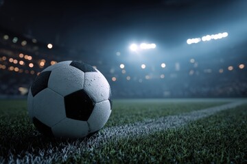 Close-Up of Soccer Ball on Field Line Under Stadium Lights at Night