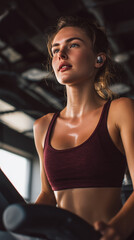 Young woman training on treadmill with wireless earbuds, focused on fitness goals in a modern gym