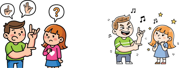 Children reacting to hand gesture, cartoon communication scene, confusion vs admiration contrast, expressive emotion, music and meaning, perception shift illustration