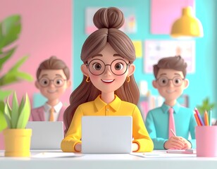 Smiling cartoon woman with glasses works on laptop with colleagues in bright modern office