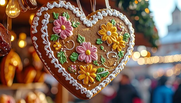 A heart-shaped gingerbread cookie, decorated with colorful flowers, hanging at a festive market. - Powered by Adobe
